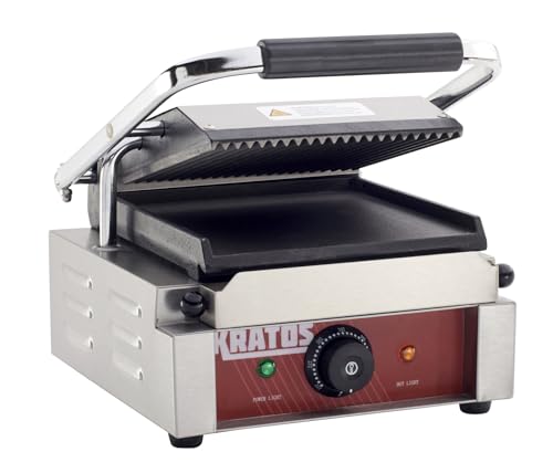 Commercial Electric Panini Sandwich Grill with Grooved Top and Smooth Bottom Plates (Small w/ Smooth & Grooved Plates)