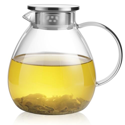 68OZ 2000ML One Touch Glass Teapot with Stainless Steel Filter Lid (68OZ (Round Bottom))