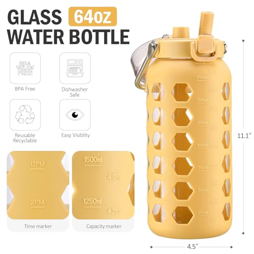 64oz Glass Water Bottle with Straw and Lid (Yellow / 64 Ounces)