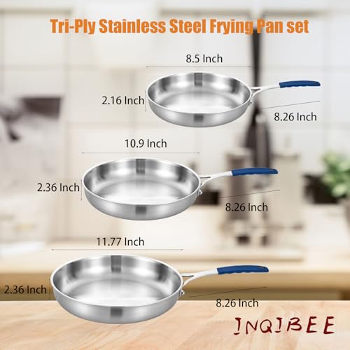 8.5-10-12 Inch Stainless Steel Pans Set with Lid, Detachable Handle