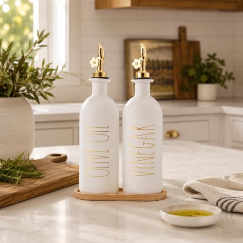 16oz Olive Oil Dispenser Bottles for Kitchen (White&Gold+Tray / 16 fl oz)