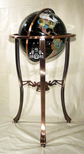 37" 3 Leg Copper Floor Standing Black Onyx Gemstone Globe with Divided US State Stones