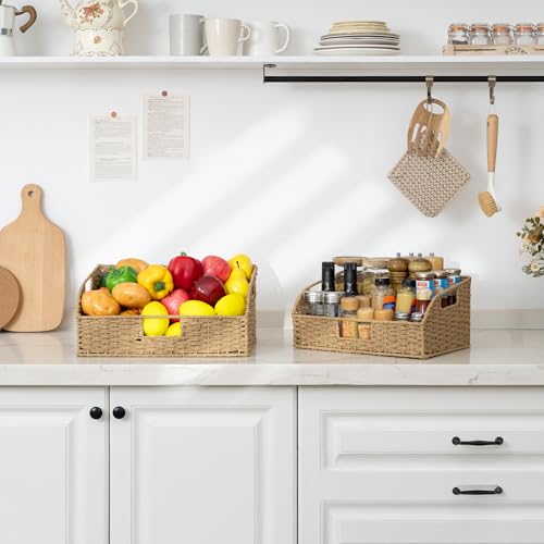 Pantry Baskets for Organizing (Light Brown(Paper Rope) / 15¾"L x 11"W x 7½"H + 14¼"L x 9¾"W x 6¾"H)