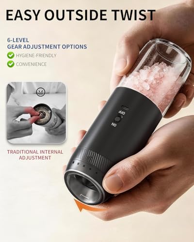 Gravity Electric Salt and Pepper Grinder Set Rechargeable Automatic Pepper Mills with External Adjustable Coarseness (Rechargeable / Plus Black Set)
