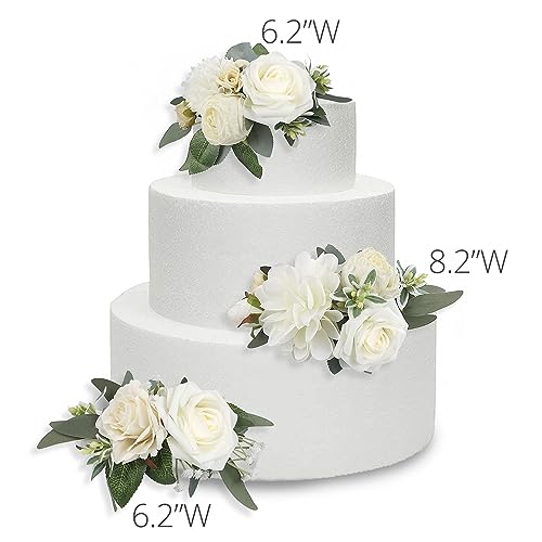 3Pcs Pre made Cake Flowers Toppers White Green Cake Decorations Wedding Cake Decorating Flowers Decor Birthday Baptism Party Cake Topper (3 Count)