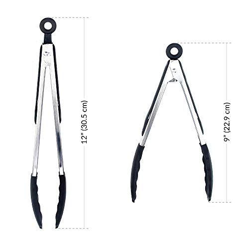 Kitchen Tongs for Cooking with Silicone Tips by Boxiki Kitchen (Black Silicon)