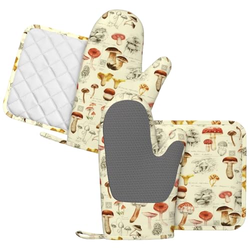 Mushroom Oven Mitts and Pot Holders Sets Silicone Vintage Mushrooms Kitchen Mitts Potholders Heat Resistant 4Pcs Oven Gloves Hot Pads for Kitchen Baking Cooking BBQ Grilling (Mushroom)