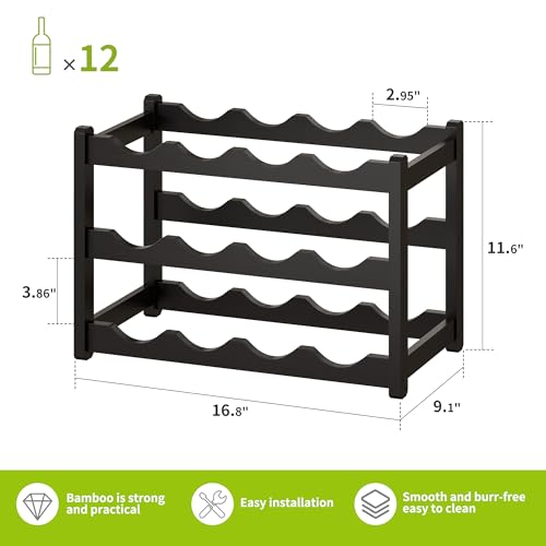 Bamboo Wine Rack Wine Storage Cabinet Shelf 12 Bottle Wine Racks Countertop Sturdy for Kitchen Dining Room Pantry (Black / 3 Tier)