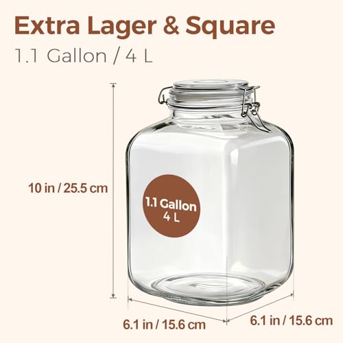 Square Glass Pantry Jars with Airtight Lids 1.1 Gallon 2 Pack Large (1.1 gallon x 2)
