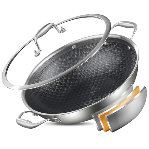 12 Inch Stainless Steel Nonstick Wok Pan with Lid 5Qt Pot (12 Inch/Double Handle)