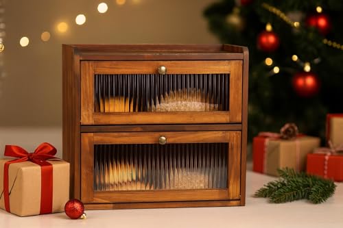 Bread Box for Kitchen Countertop Wooden Bread Storage Container Bin 2 Layer Breadbox Holder Large Capacity Keeper Vintage Farmhouse Food Organizer Pantry Shelf Acrylic Window (Brown)