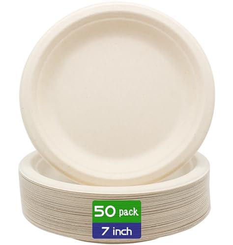 100% Compostable Disposable Paper Plates Heavy Duty Waterproof Plates (7 INCH / 50 PCS PLATES)