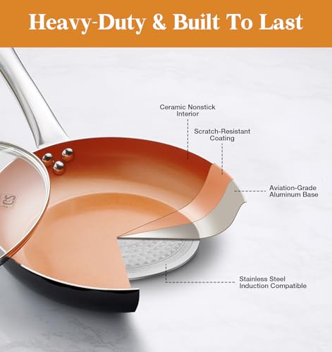 10in Copper Nonstick Frying Pans with Lids and Titanium Ceramic Interior (Copper-Silver / 10 Inch)