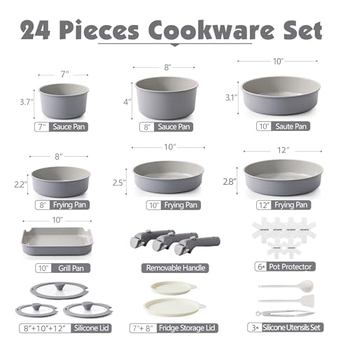 24 Piece Ceramic Detachable Handle Pots and Pans Set Gray (Gray / 24 Piece)