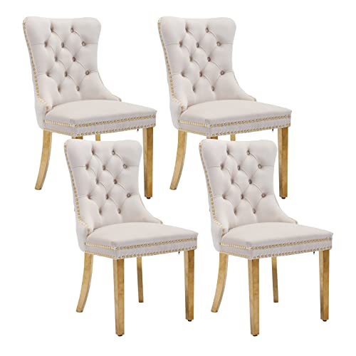Beige and Gold Velvet Dining Chairs Set of 4 (Classic Beige)