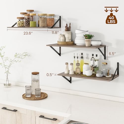 24W x 12D Deep Floating Shelves Set of 3 Grey (Grey With Black Metal Bracket / 24wx12dx5.8h)