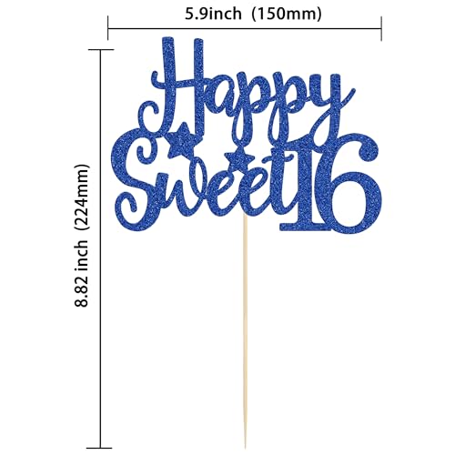 1Pc Happy Sweet 16 Cake Topper Blue Glitter Sweet 16 Birthday Cake Decoration Happy 16th Birthday Decorations for Girls Boys Party Supplies