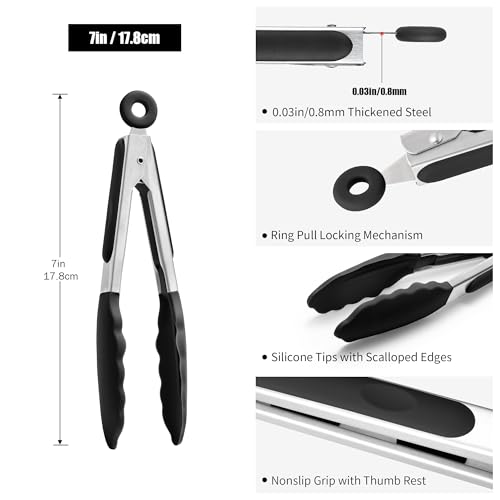 Kitchen Tongs with Silicone Tips for Cooking Serving (7in / Black)