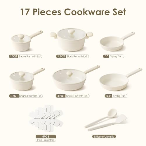 Ceramic Nonstick Pots and Pans Set (Creamy White / 17pcs)
