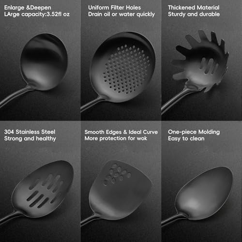 18 10 Stainless Steel Kitchen Utensils Set (Large / BLACK-6 Pieces)