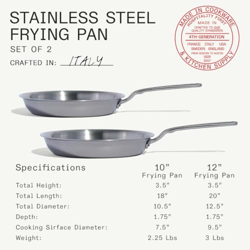 Cookware - 2-Piece Stainless Clad Frying Pan Set - 5-Ply Stainless Clad with Stay-Cool Handle - Professional Cookware - Crafted in Italy - Induction Compatible (2-Piece Set (10", 12"))