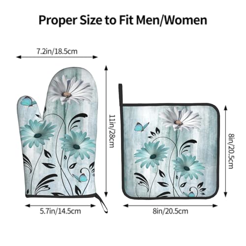 Daisy Floral Oven Mitts and Pot Holder Set of 2 Teal White Flower Heat Resistant Kitchen Mitts Potholders Washable for Cooking Grilling BBQ (Daisy Floral)