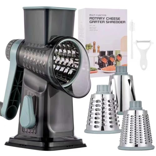 Rotary Cheese Grater with Handle Kitchen Shredder Slicer Grater Slicer Ice Shaver Cheese Vegetable Nuts Potato Zucchini Chocolate 3 Interchangeable Blades (9.06"L x 4.33"W x 9.07"H / Blue)