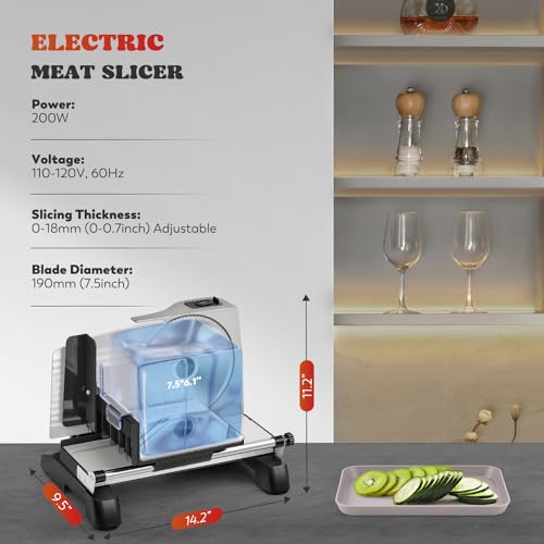 Meat Slicer Electric 200W with 7.5’’ Blades (Silver)