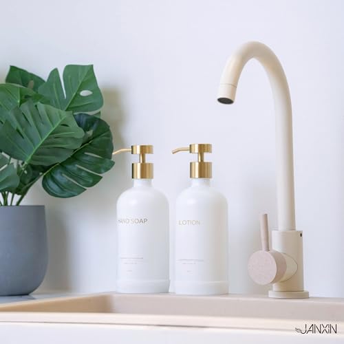 Glass Kitchen Soap Dispenser Set with Ceramic Tray (White + Gold(lotion))