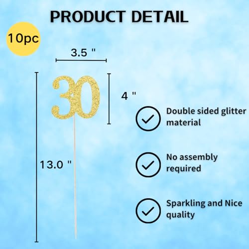 10Pcs Gold 30th Birthday & Anniversary Centerpiece Sticks (Gold)