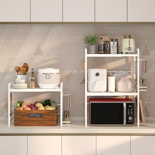 Expandable Microwave Stand Kitchen Countertop Organizer With Storage (White / 3 Tier (With Spice Rack))
