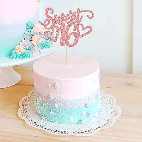1Pc Sweet Teenager 16 Cake Topper Glitter 16th Birthday Cake Pick for Cheers to 16 Years Old 16th Birthday Party Cake Decorations Supplies Rose Gold