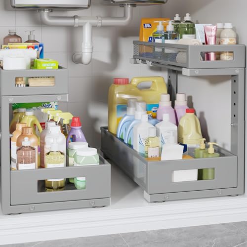 2 Pack 17IN Depth Under Sink Storage Organizer (Gun Gray / 2 Pack-17"Dx11.4"-16.14"H)