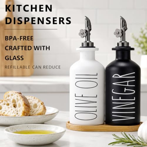Premium Olive Oil Dispenser for Kitchen (Black&White+Tray / 11.8 fl oz)