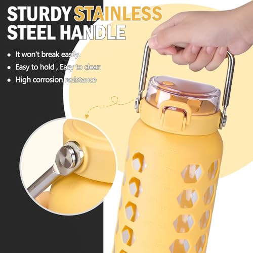 64oz Glass Water Bottle with Straw and Lid (Yellow / 64 Ounces)