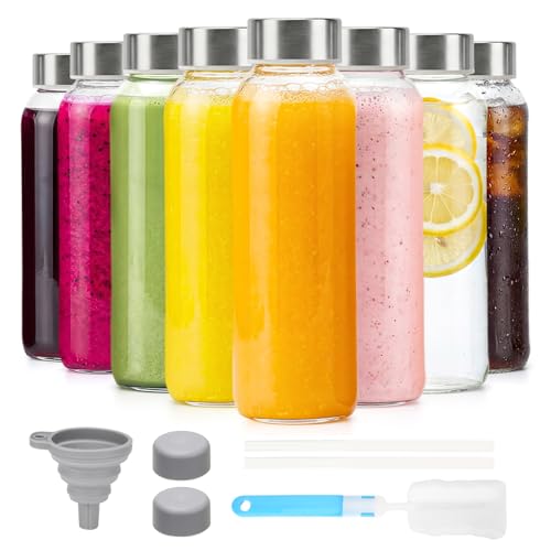 Glass Water Bottles with Lids 16 oz (Clear Glass Bottle 8 Pack / 16 Ounces)