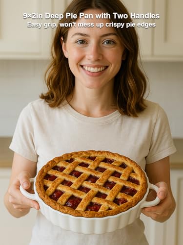 9×2in Deep Ceramic Pie Pan with Handles for Pie Quiche Tart Baking. Easy to grip (White / 9IN*2IN)