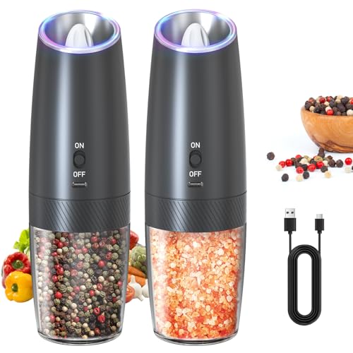 Rechargeable Electric Salt and Pepper Grinder Set Gravity Salt and Pepper Mills Set with LED Light (Rechargeable / Black)