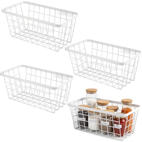 White Hanging Kitchen Baskets For Storage Adhesive Sturdy Small Wire Storage Baskets No Drilling Wall Mounted Kitchen Food Pantry Bathroom Shelf Storage (4 Count)