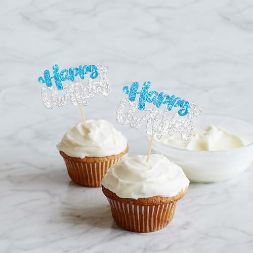 24Pcs Happy Birthday Cupcake Toppers Double Layer Glitter Happy Birthday Cake Decorations for Winter Wonderland Baby Shower Theme Anniversary Party Decorations Supplies Blue Silver (Style 1 / Blue Silver)