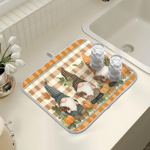 Fall Pumpkin Gnomes Maple Leaves Autumn2 Dish Drying Mat for Kitchen Counter Absorbent Microfiber Small Drying Pad Dish Mats for Kitchen Countertops 16 x 18 Inch (18" x 16")