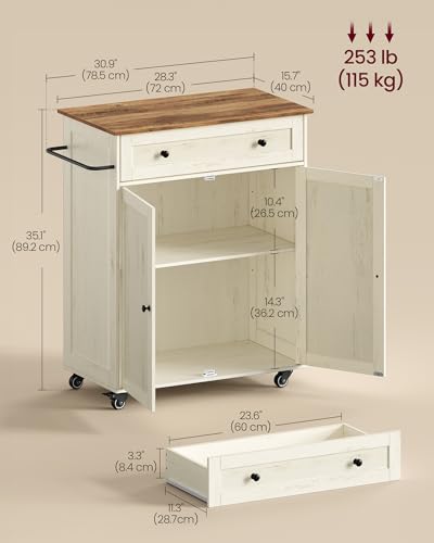 Mobile Kitchen Wooden Island Cart with Storage for Dining Room (Rustic White + Honey Brown / 15.8"D x 30.9"W x 35.1"H)