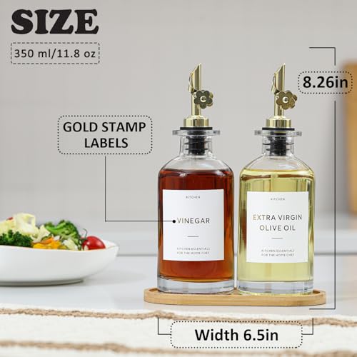 Olive Oil Dispenser for Kitchen (12oz-Clear&Gold Spout+Tray / 11.8 fl oz)