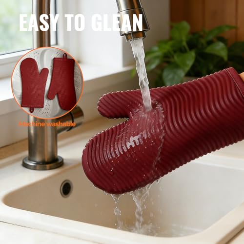 Silicone Oven Mitts (2PCS-12"L x 7"W/RED-WAVE SURFACE)