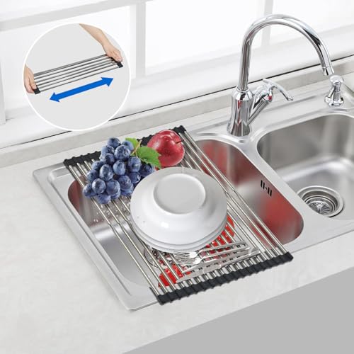 Expandable Roll Up Dish Drying Rack Over The Sink Rack (Black+silver Expandable)