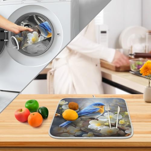 Spring Blue Yellow Flower Bluebird Butterflies Dish Drying Mat for Kitchen Counter Absorbent Microfiber Large Drying Pad Dish Mats for Kitchen Countertops 18 x 24 Inch (24" x 18")