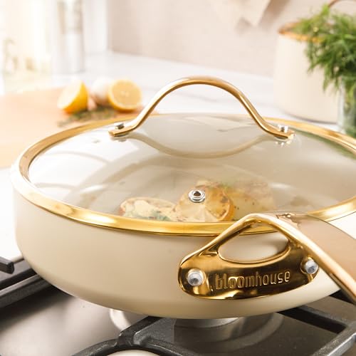 Saute Deep Frying Pan Skillet with Lid (Almond Cream w/ Gold Handle / Deep Fry Pan w/ Lid (10-Inch))
