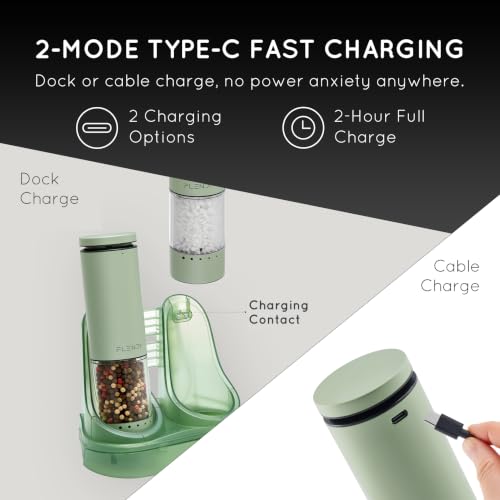 Rechargeable Electric Salt and Pepper Grinder Set with Charging Base (Set of 2 with Charging Base / Green)