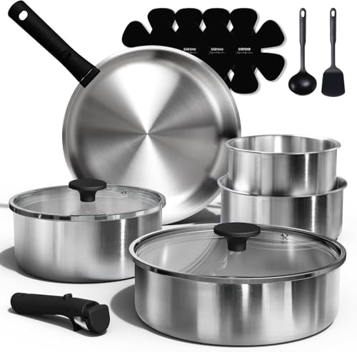 15pcs Tri Ply Stainless Steel Cookware Set with Detachable Handle (Silver / 15 pieces)