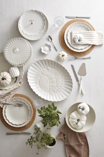French Perle White 18in Large Serving Platter Carved Turkey Stoneware (Turkey Platter / White)
